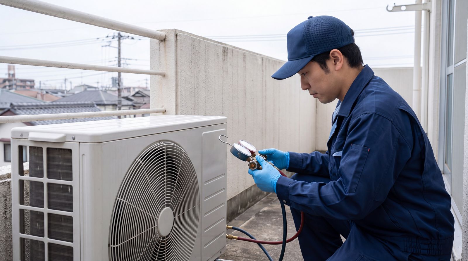 室外機を点検する修理作業のイメージ